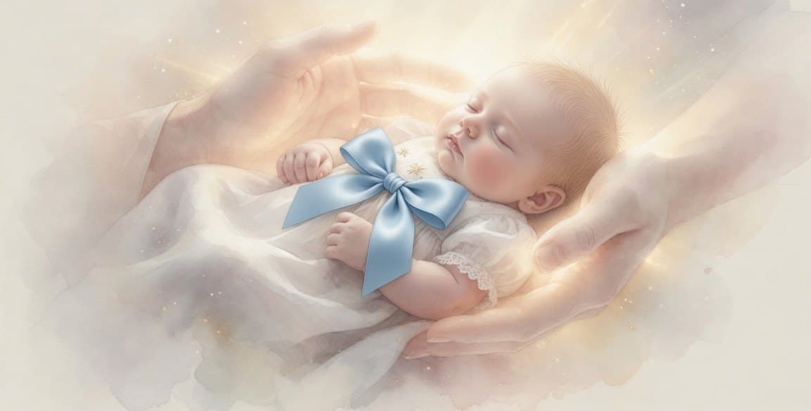 Watercolor illustration from the boy edition: a sleeping baby boy with a blue bow, held in gentle hands
