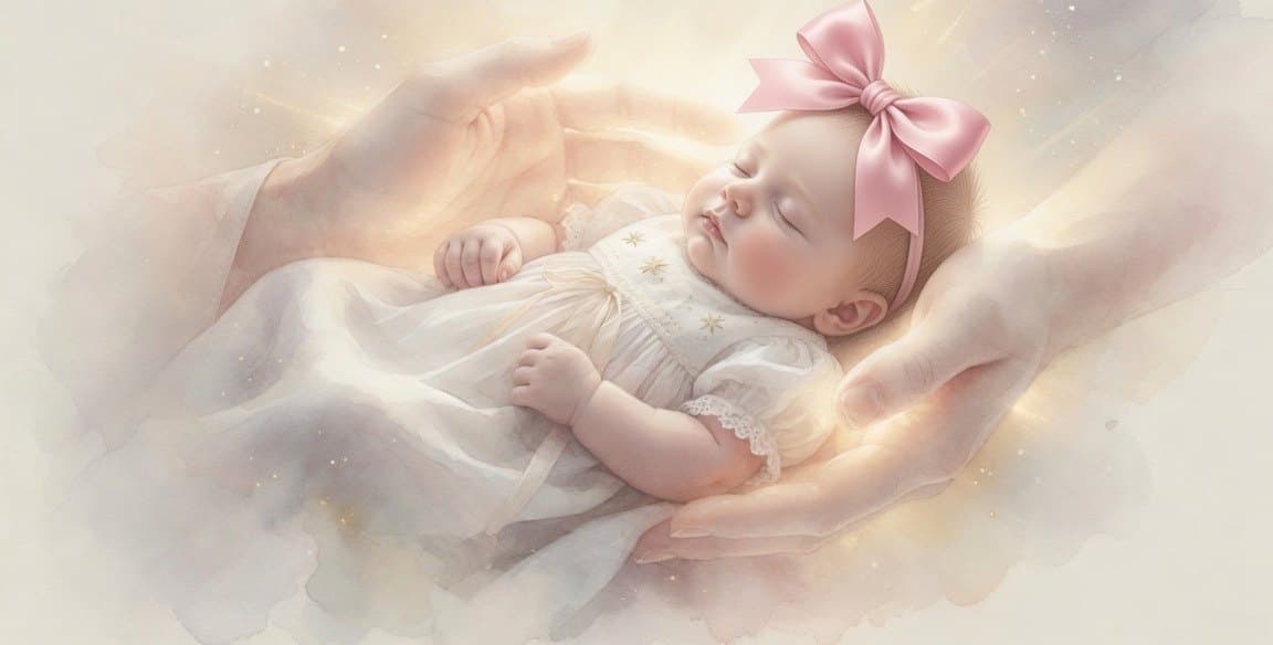 Watercolor illustration from the girl edition: a sleeping baby girl with a pink bow, held in gentle hands