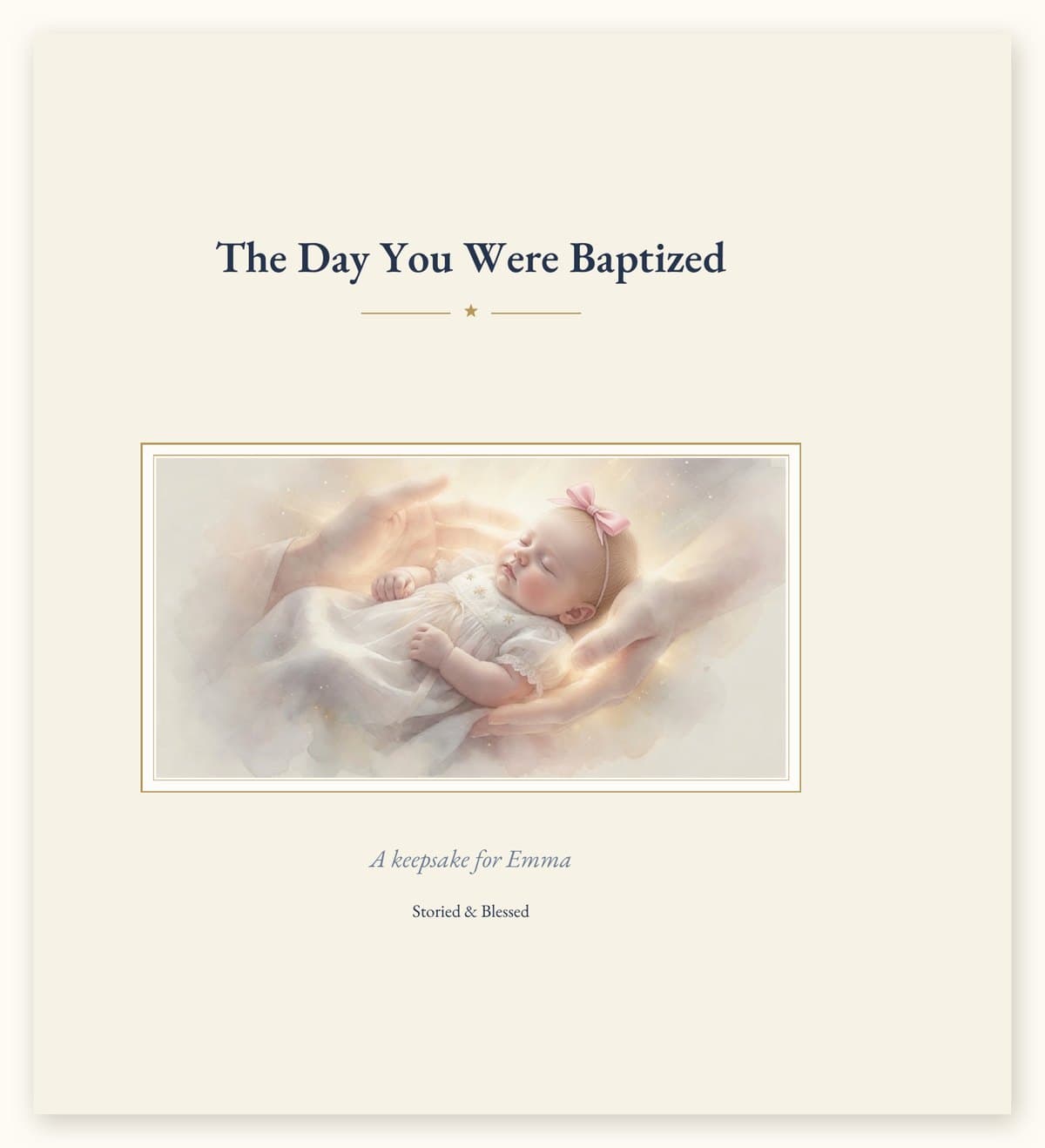 The cover of the printed hardcover baptism keepsake book