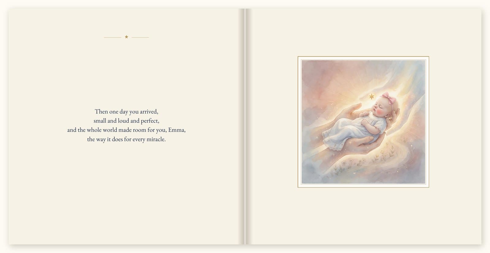 The Day You Were Baptized, open hardcover baptism keepsake with a child’s name printed inside